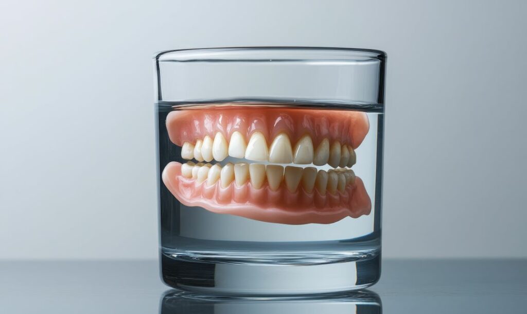 A pair of dentures soaking in a cup of water